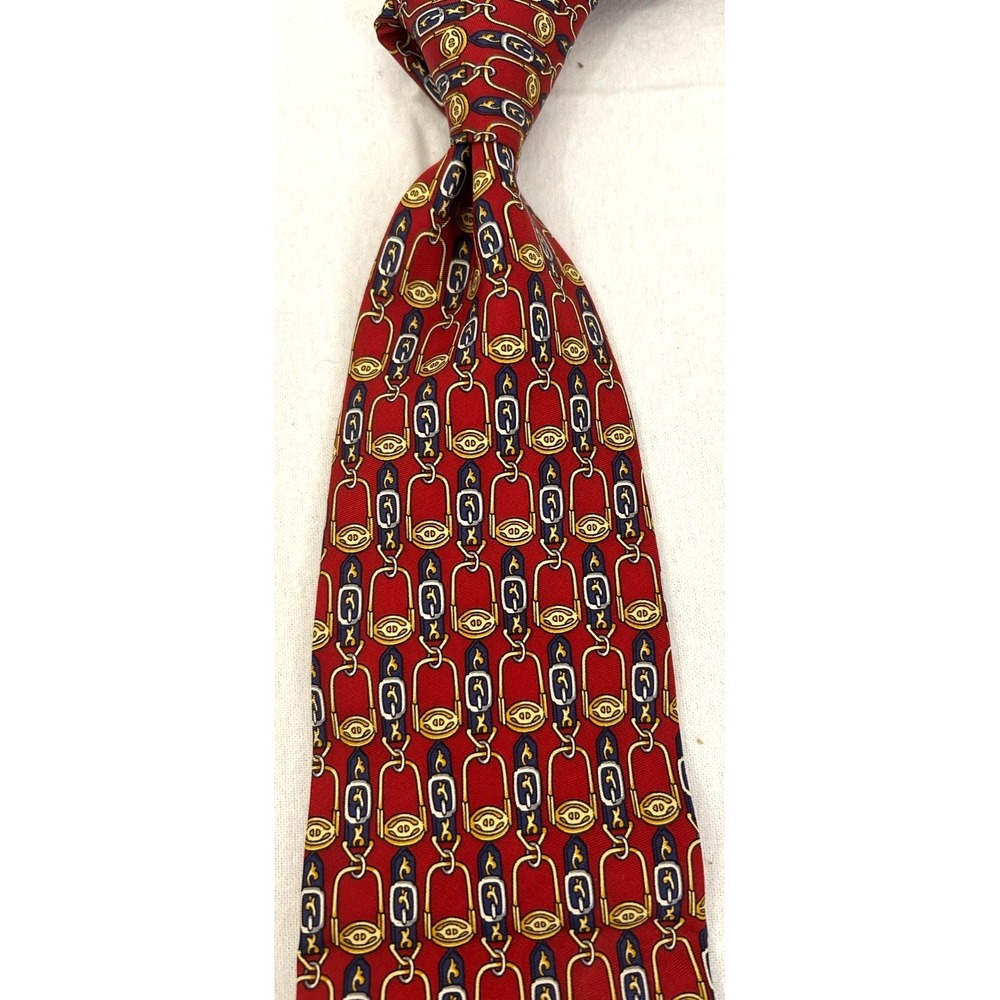 Fendi Vintage Men's 100% Silk Red Geometric Link Medallion Tie Made in Italy